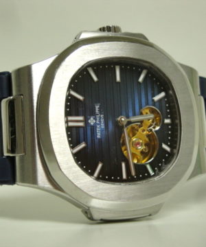 Alternative view of patek philippe replica acciaio nautilus tourbillon blue dial strip rubber