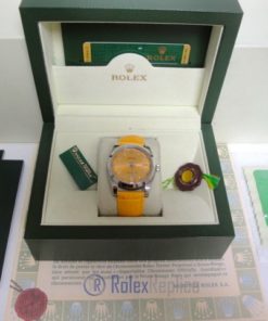 Alternative view of rolex replica datejust acciaio oyster perpetual yellow dial leather orologio imitazione